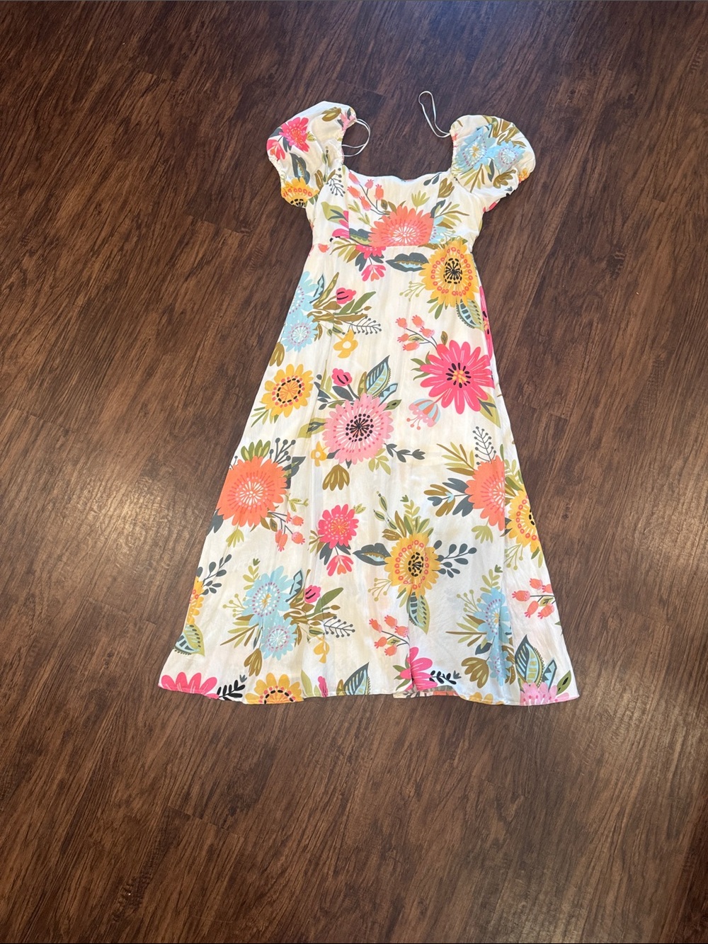 Women’s Floral Puff-Sleeve Dress - White with Multi-Color Flowers